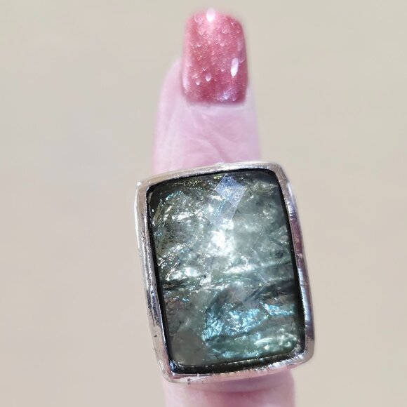 Vintage Green Foil Faceted Acrylic Stone Silver Plate Rectangle Adjustable Ring - Picture 8 of 11